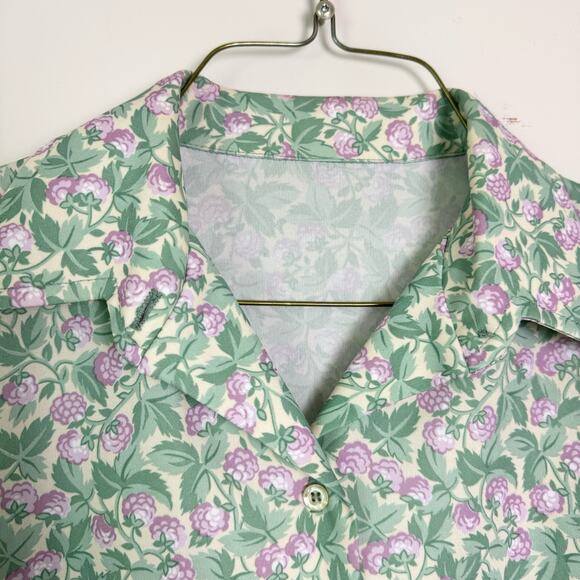 Vintage green purple clover flower print long sleeve button up blouse LARGE - Picture 3 of 5